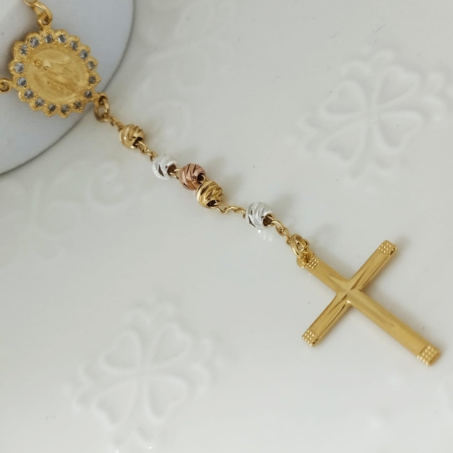 Rosario O Camándula 70cm Milagrosa y Cristo Tres Oros Balin 4mm Diamantado ID: 154