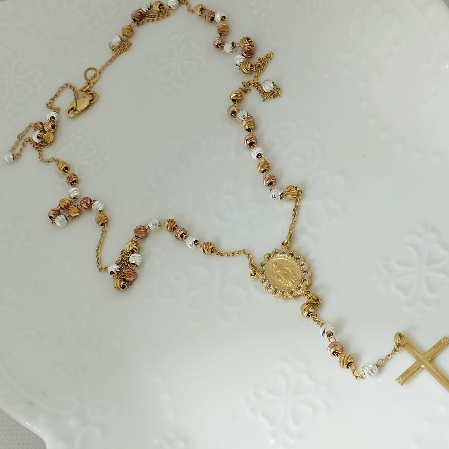 Rosario O Camándula 70cm Milagrosa y Cristo Tres Oros Balin 4mm Diamantado ID: 154