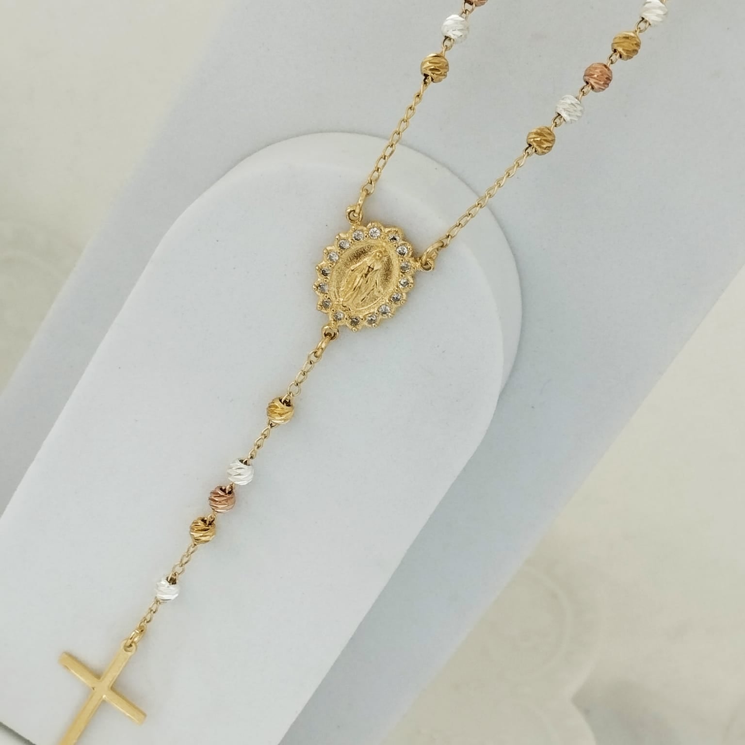 Rosario O Camándula 70cm Milagrosa y Cristo Tres Oros Balin 4mm Diamantado ID: 154
