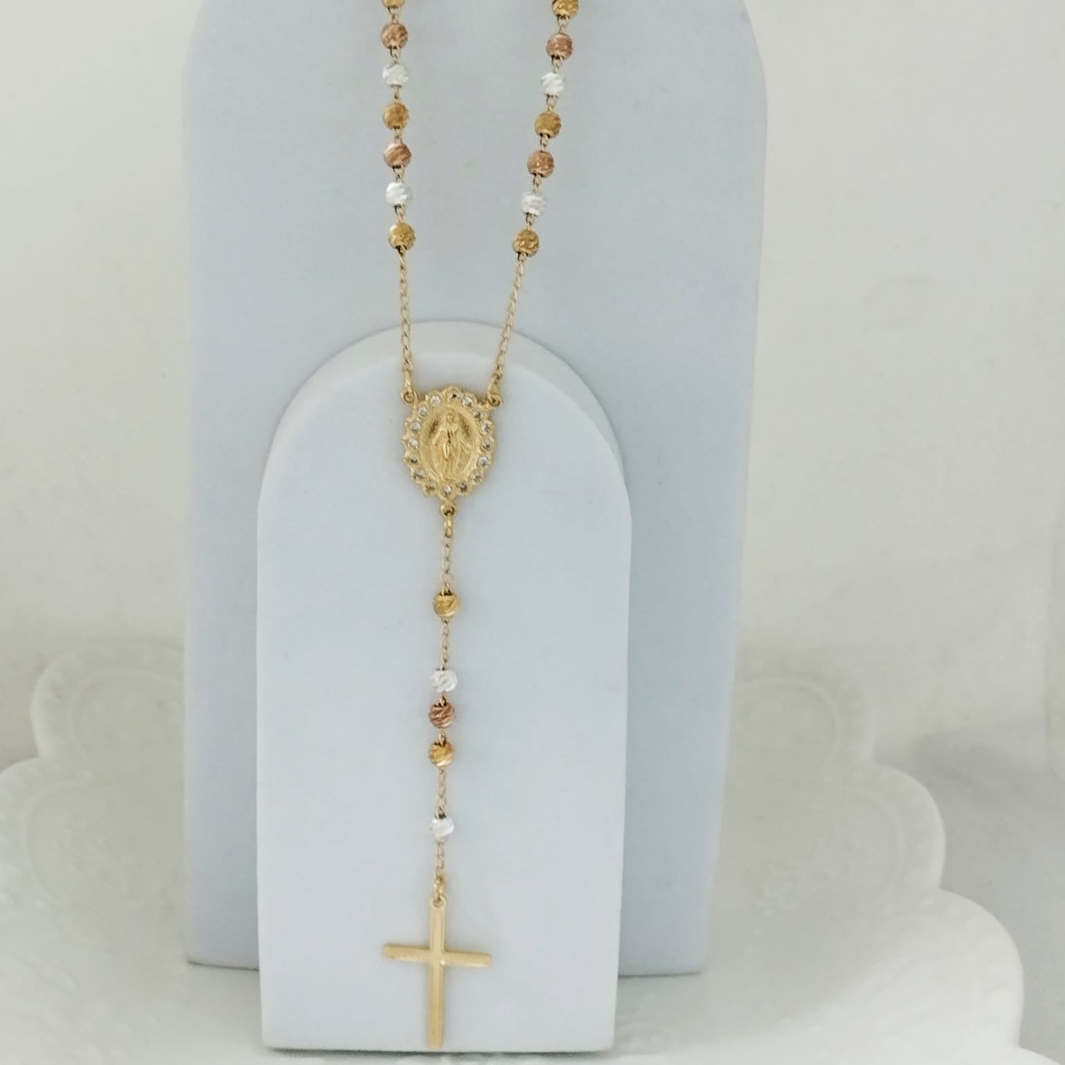 Rosario O Camándula 70cm Milagrosa y Cristo Tres Oros Balin 4mm Diamantado ID: 154