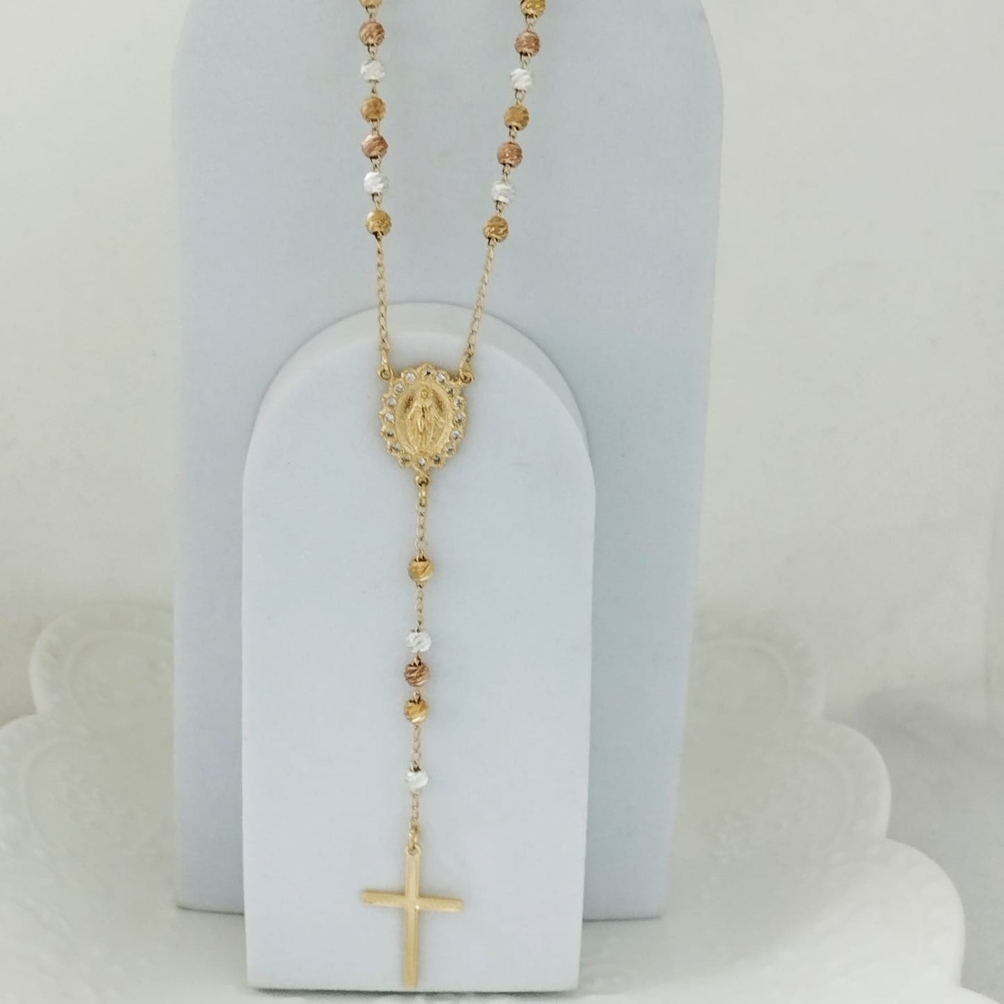 Rosario O Camándula 70cm Milagrosa y Cristo Tres Oros Balin 4mm Diamantado ID: 154