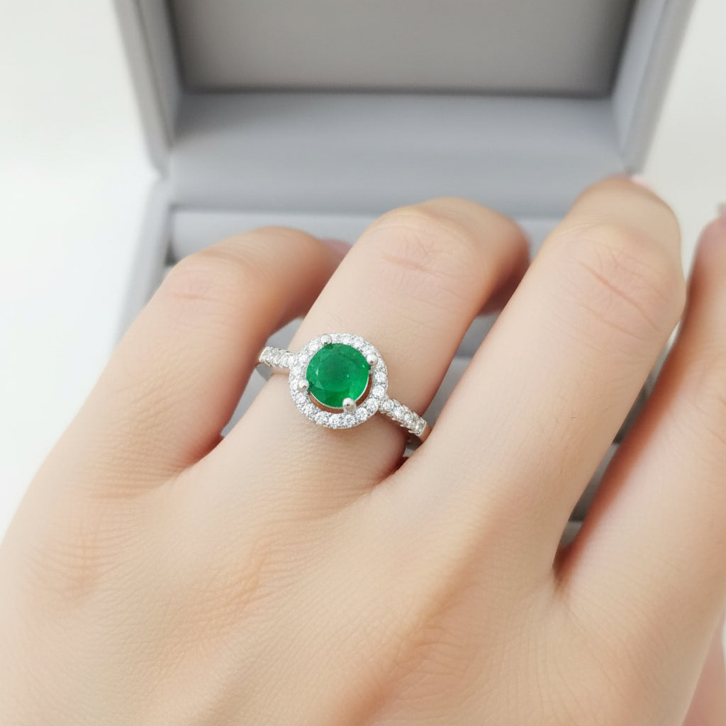Anillo Esmeralda 6mm Redonda y Circon Blanco T5 ID: 511
