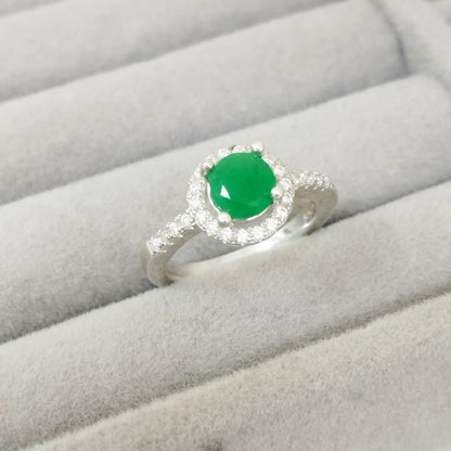 Anillo Esmeralda 6.5mm Redonda y Circón Blanco T4 1/2 ID: 517