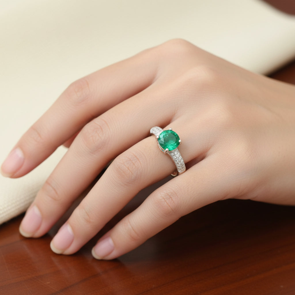 Anillo Esmeralda 6mm Redonda y Circon Blanco T8 ID: 512