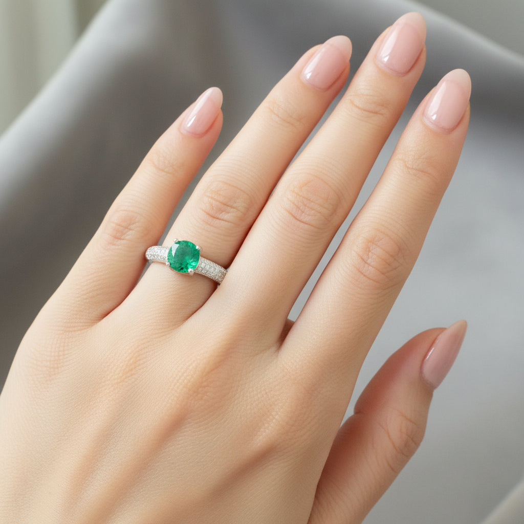 Anillo Esmeralda 6.5mm Redonda y Circon Blanco T7 ID: 526