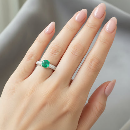 Anillo Esmeralda 6.5mm Redonda y Circon Blanco T7 ID: 526