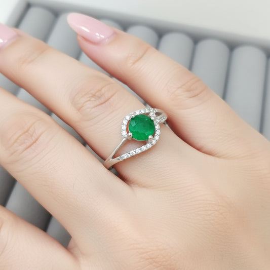 Anillo Esmeralda 6mm Redonda y Circon Blanco Plata 925 T9 ID: 513