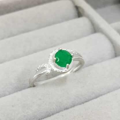 Anillo Esmeralda 6mm Redonda y Circon Blanco Plata 925 T9 ID: 513