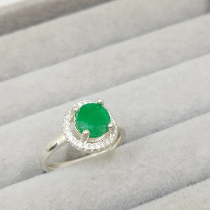 Anillo Esmeralda 6.5mm Redonda y Circon Blanco Placa 925 T4 1/2 ID: 515