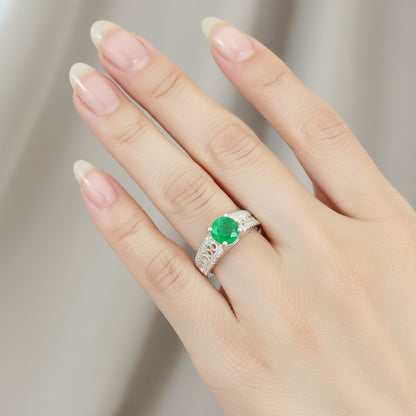 Anillo Esmeralda 6mm Redonda y Circon Blanco T5 ID: 519 Plata