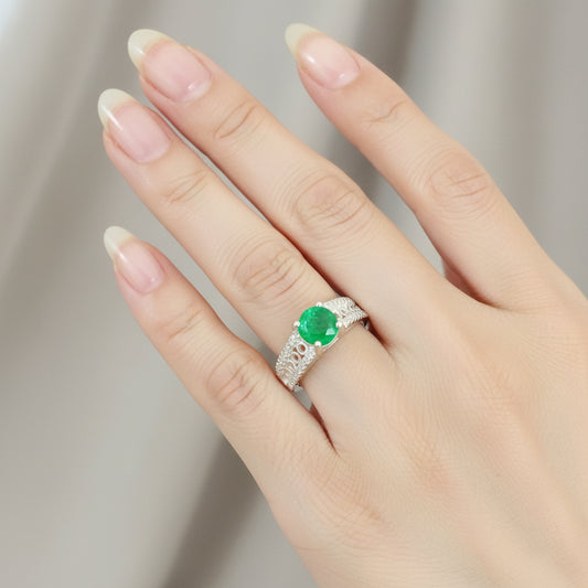 Anillo Esmeralda 6mm Redonda y Circon Blanco T5 ID: 519 Plata