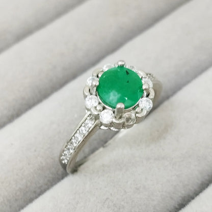 Anillo Esmeralda 6.5mm Redonda y Circon Blanco Tipo Flor T7 ID: 528 Plata 925